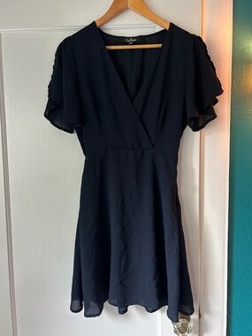 Lulu's Navy Blue Flutter-Sleeve Faux Wrap Mini Dress